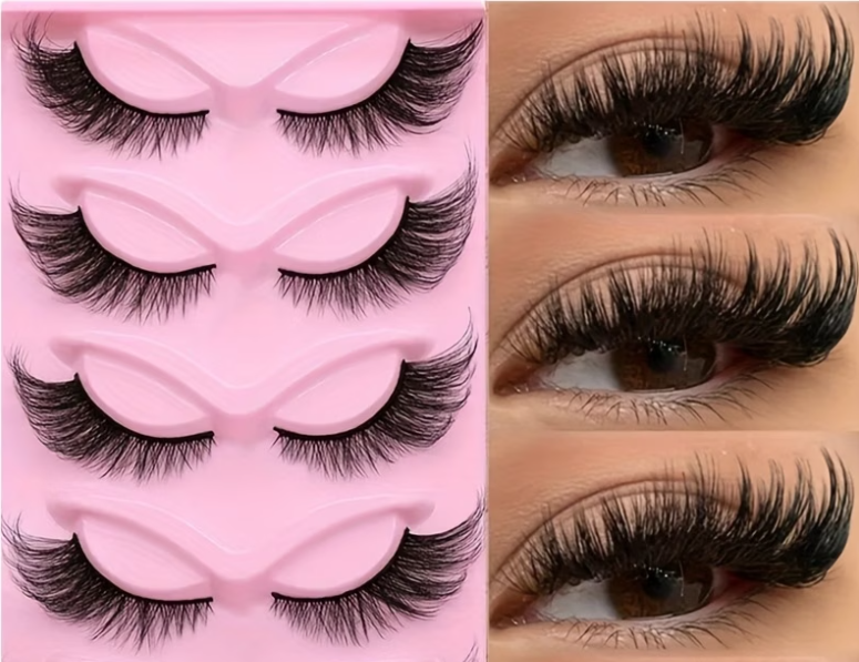 Set of false eyelashes on a pink background with close-up shots on eyes.