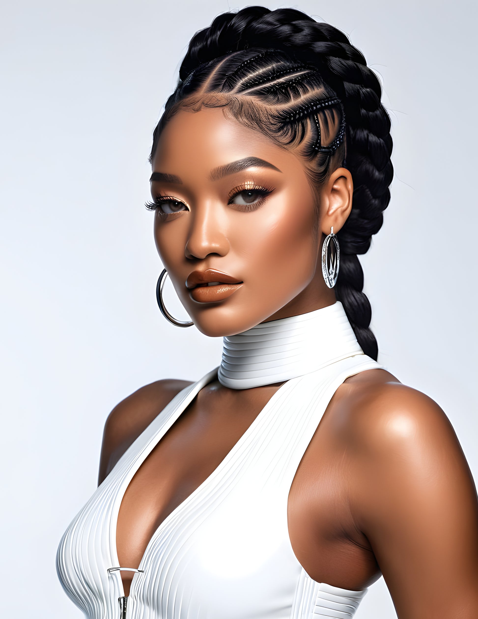 Woman with braided hair wearing a white outfit against a gray background,  She is wearing natural looking lash slanted for a subtle look