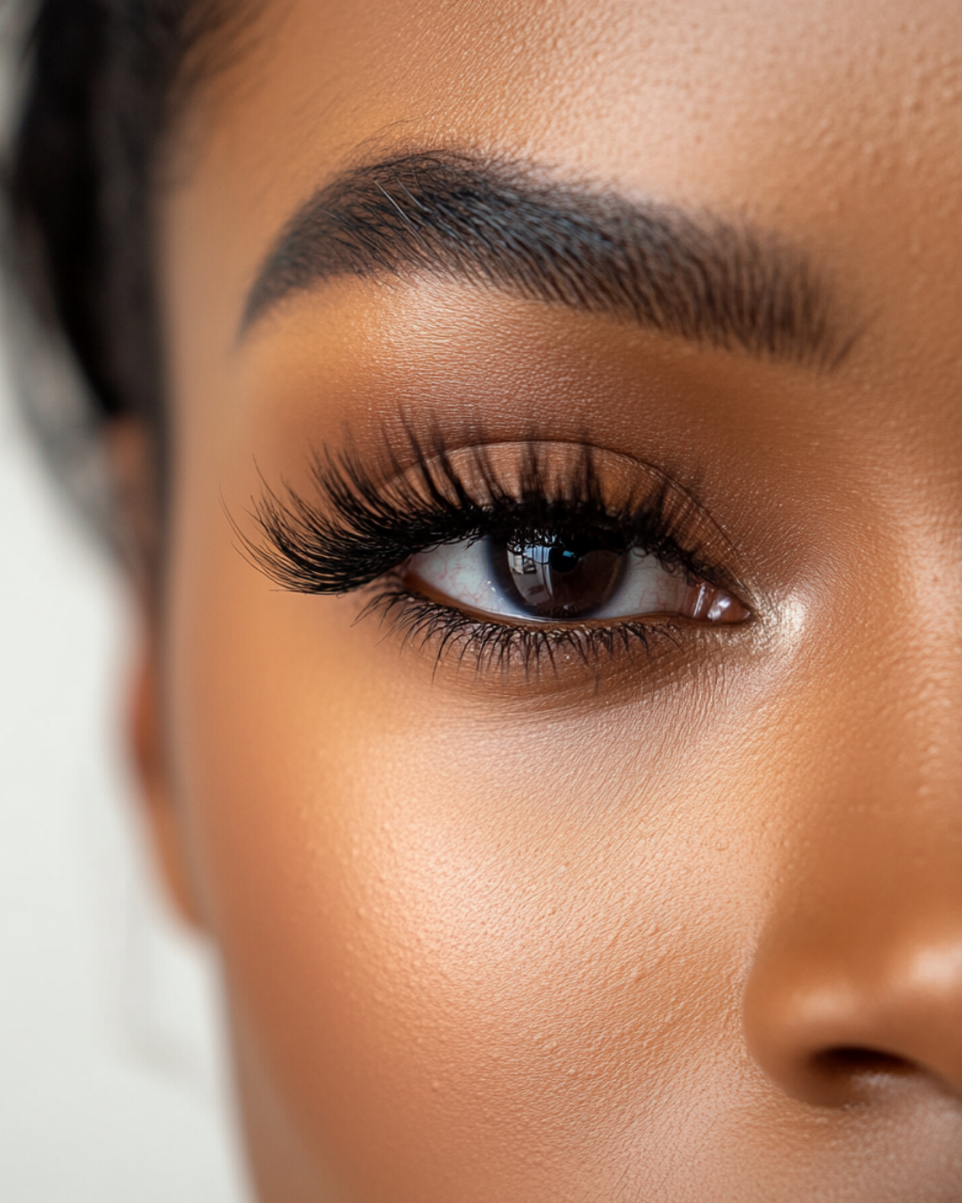 Close-up of a woman's eye with long, thick eyelashes and well-groomed eyebrows.