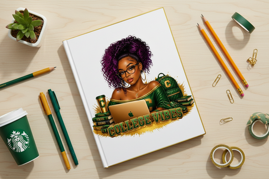 A white hardcover notebook with a gold border lies on a light wood desk, surrounded by school and office props including yellow pencils, washi tape, paper clips, a Starbucks cup, and a small potted succulent. The notebook cover features a colorful illustration of a woman with purple hair wearing a green backpack and holding a laptop, with the text 'COLLEGE VIBES' in green and gold.