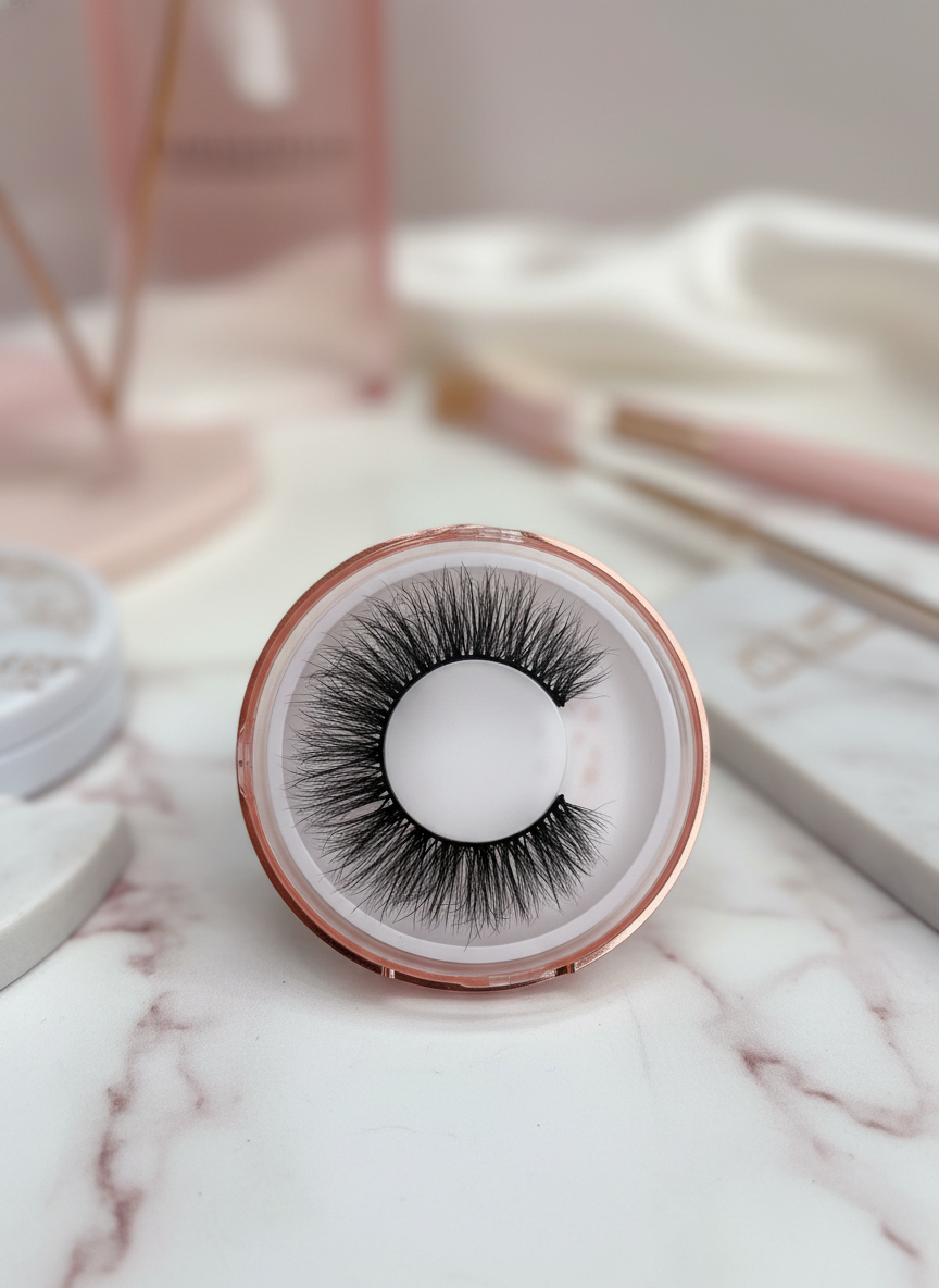 False eyelashes in a container on a marble surface