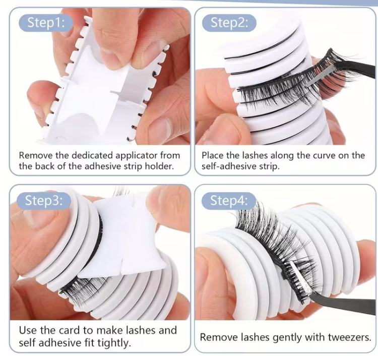 Step-by-step guide on how to apply false eyelashes with text instructions.