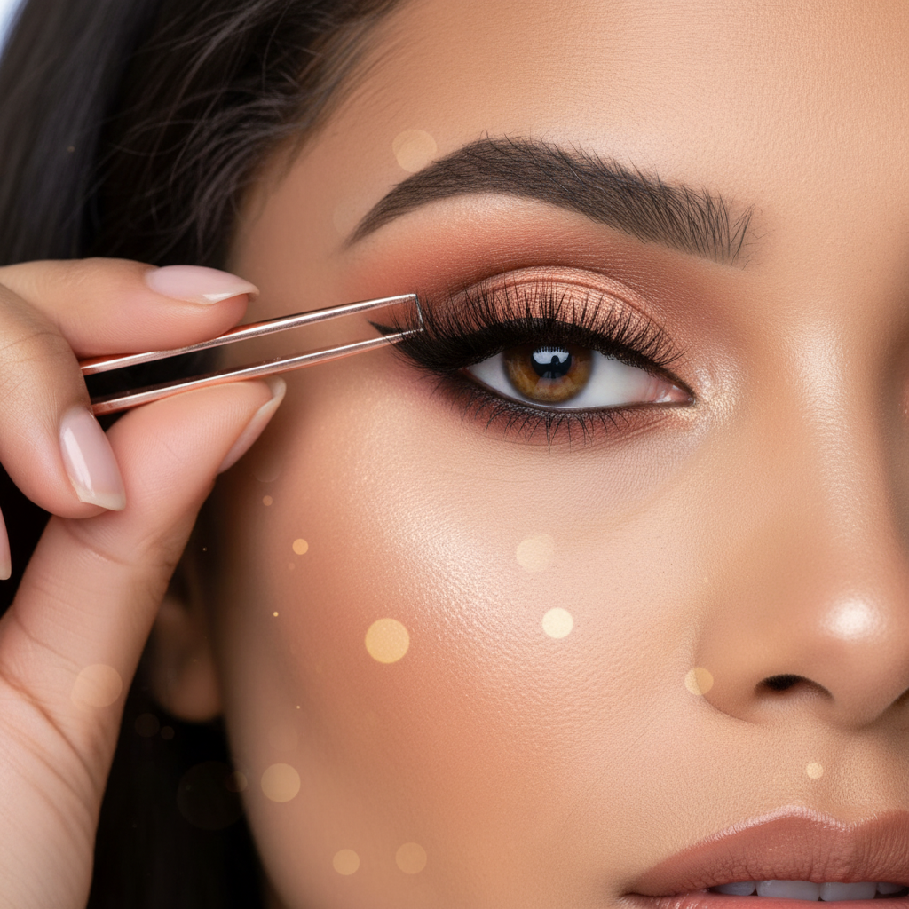 Model applying dramatic faux mink lashes