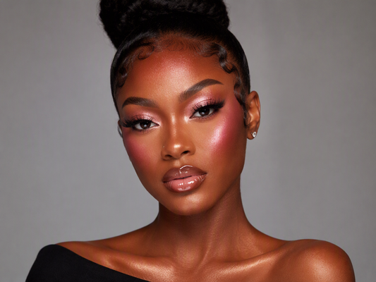 A close-up portrait of a woman with dramatic makeup, including pink shimmer eyeshadow, winged black eyeliner, and glossy nude lips, wearing a high bun hairstyle against a plain gray background.
